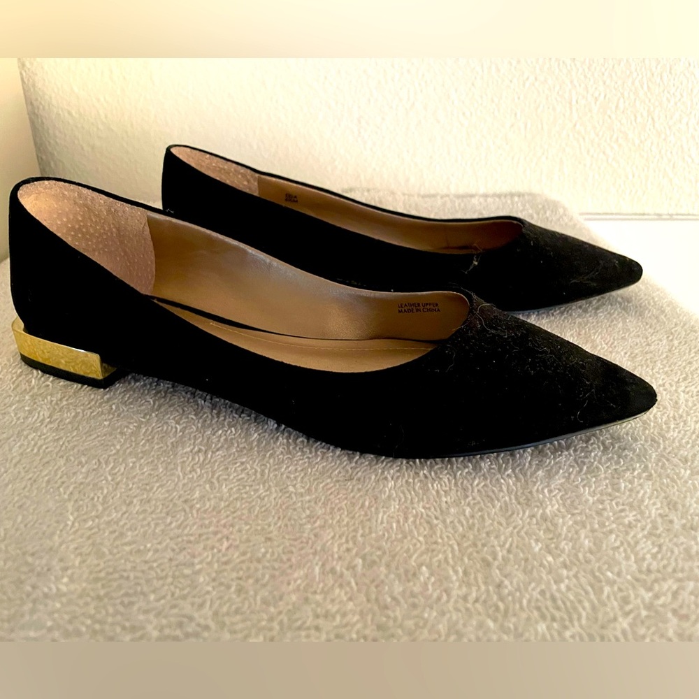 Black Suede Flats Genuine Leather Gold Accents Ballet Slip on Point Toe - Picture 4 of 9